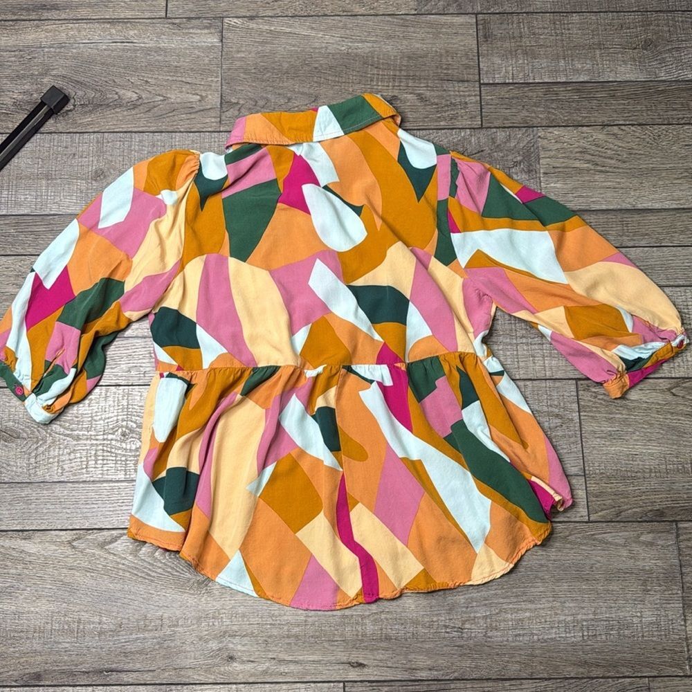 Umgee Multicolor Abstract Button Down Blouse Top Tunic Orange Pink Green Large - Picture 7 of 9